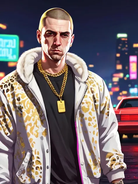 Illustration, digital art, (Gta 5 style:1.4), bright colors, (cartoon style:1.2), glamorous style, best quality, holistic, high detail, serious man, eminem, in white cheetah jacket, gold chain, against a large night metropolis, neon lighting, soft light