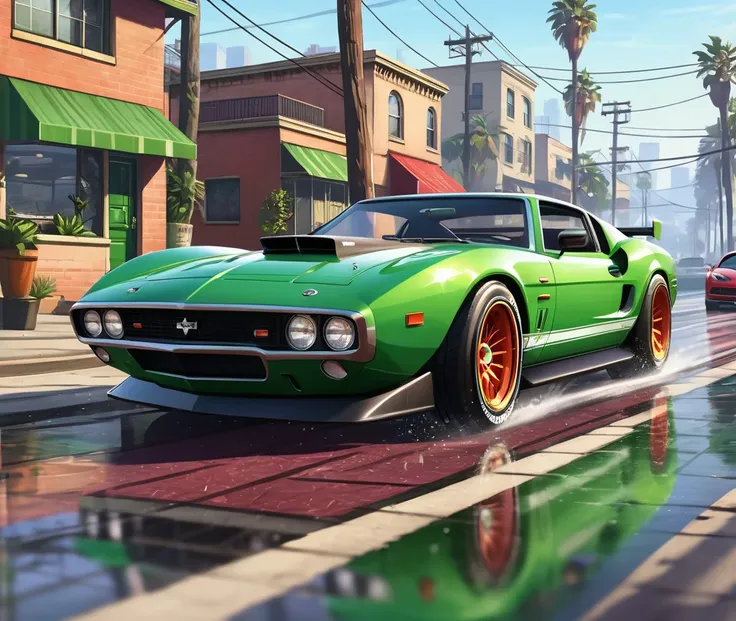 Illustration, digital art, (Gta 5 style:1.4), bright colors, (cartoon style:1.2), glamorous style, best quality, holistic, high detail, green race car, background, elaborate details, asobnya background, after rain, soft light
<lora:add-detail-xl:1>