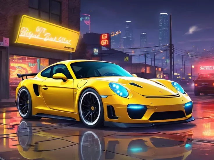 Illustration, digital art, (Gta 5 style:1.4), bright colors, (cartoon style:1.2), glamorous style, best quality, holistic, high detail, yellow sports car, Porshe, against a big night metropolis, neon lighting, soft light