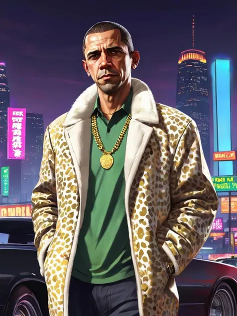 Illustration, digital art, (Gta 5 style:1.4), bright colors, (cartoon style:1.2), glamorous style, best quality, holistic, high detail, serious man, obama, in white cheetah jacket, gold chain, against a large night metropolis, neon lighting, soft light