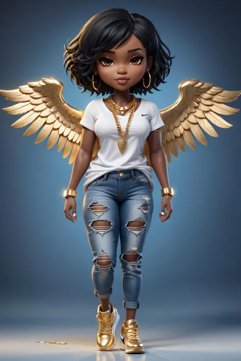 chibi,  fullbody potrait of(((stunningly beautiful african black woman))),  short black bob hairstyle,  large breast,  thick thighs,  big ass,  wearing white tee shirt and blue jeans,  with nike hightop gymshoes,  thick gold chain around neck,  fallen angel,  chibi style,  3d style,  AngelicStyle, <lora:EMS-25281-EMS:0.600000>, , <lora:EMS-15441-EMS:0.600000>, , <lora:EMS-23454-EMS:0.400000>