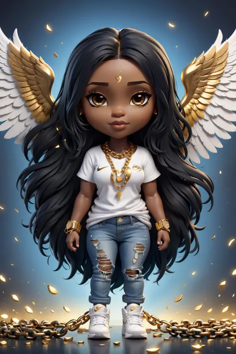 chibi,  fullbody potrait of(((stunningly beautiful african black woman))),  long black hair,  large breast,  thick thighs,  big ass,  wearing white tee shirt and blue jeans,  with nike hightop gymshoes,  thick gold chain around neck,  gold bracelet around wrist,  fallen angel,  chibi style,  3d style,  AngelicStyle, <lora:EMS-23454-EMS:0.400000>, , <lora:EMS-25281-EMS:0.600000>, , <lora:EMS-15441-EMS:0.600000>