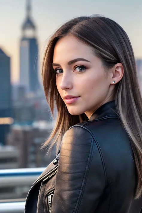 headshot of S206_LizKatz,a stylish woman,on a (rooftop:1.1),wearing a (leather-jacket:1.1),(cityscape:1.1),(8k, RAW photo, best quality, depth of field, ultra high res:1.2),(absurdres, intricate, photorealistic, masterpiece, ultra-detailed:1.3),