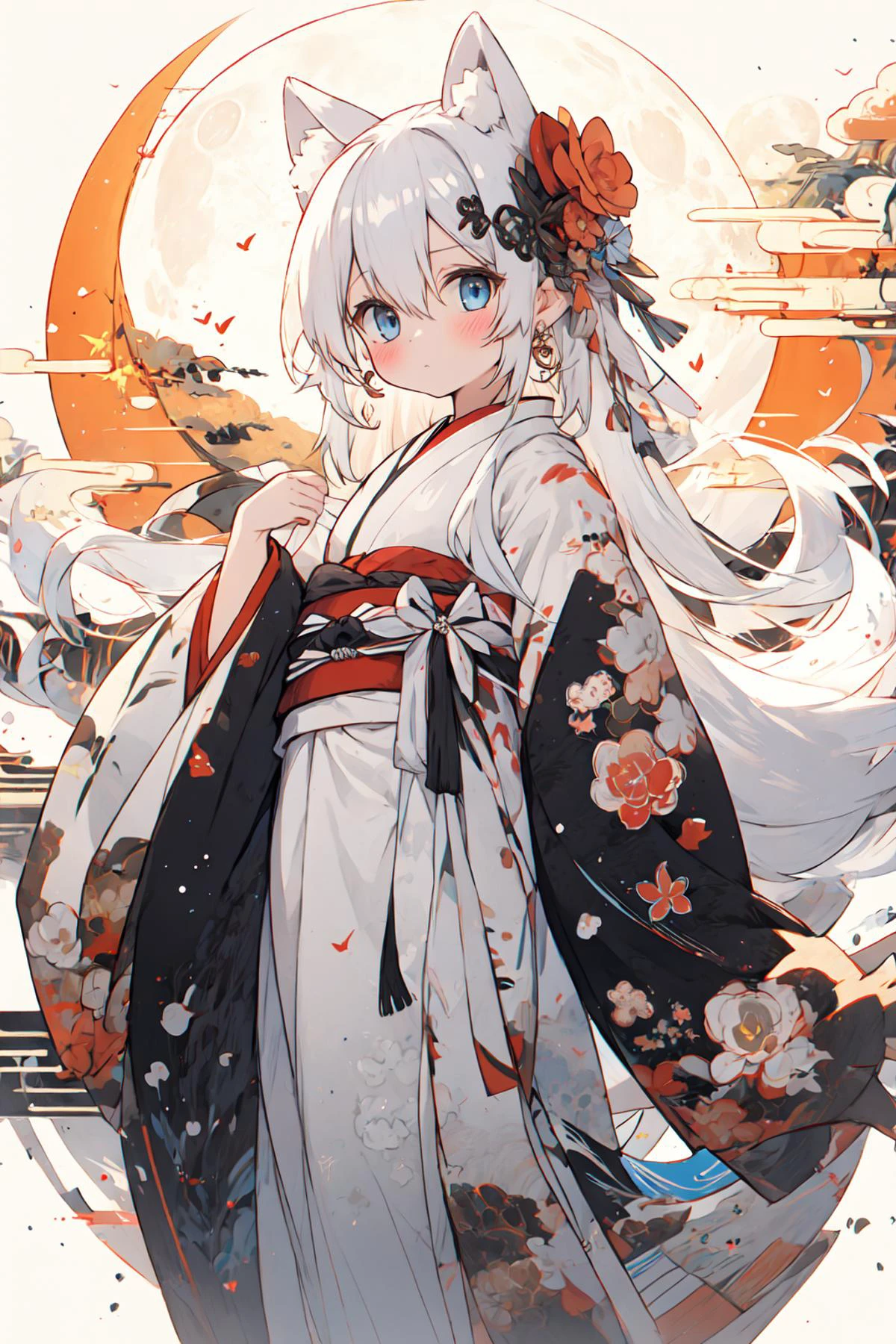 (masterpiece:1.2), best quality,PIXIV, As the moon,
1girl, solo, long hair, moon, looking at viewer, full moon, japanese clothes, blue eyes, white hair, kimono, wide sleeves, long sleeves, animal ears, floral print, egasumi, hair ornament, bangs, hair between eyes, standing, closed mouth, jewelry, blush, earrings, white kimono, print kimono
<lora:As the moon_20230809104912-000018:1>