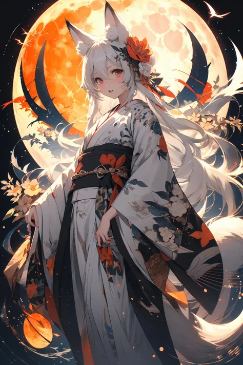 (masterpiece:1.2), best quality,PIXIV, As the moon,
1girl, solo, long hair, moon, japanese clothes, kimono, white hair, ahoge, looking at viewer, animal ears, red eyes, long sleeves, bangs, full moon, wide sleeves, floral print, hair ornament, tassel, hair between eyes, flower, standing, parted lips, fox ears, animal ear fluff, white kimono, hair flower, print kimono, very long hair, hand fan, white flower, feet out of frame
<lora:As the moon_20230809104912-000018:1>