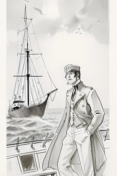 sailor on his ship, drawing, monochrome,
hugo_pratt_style, <lora:Pratt_v3:1>