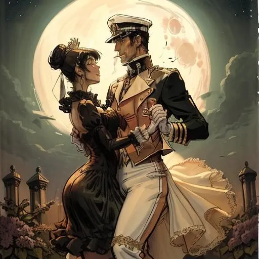 a man in an uniform dancing with a lady, moon in the background, hugo_pratt_style <lora:Pratt_v3-000016:0.8>