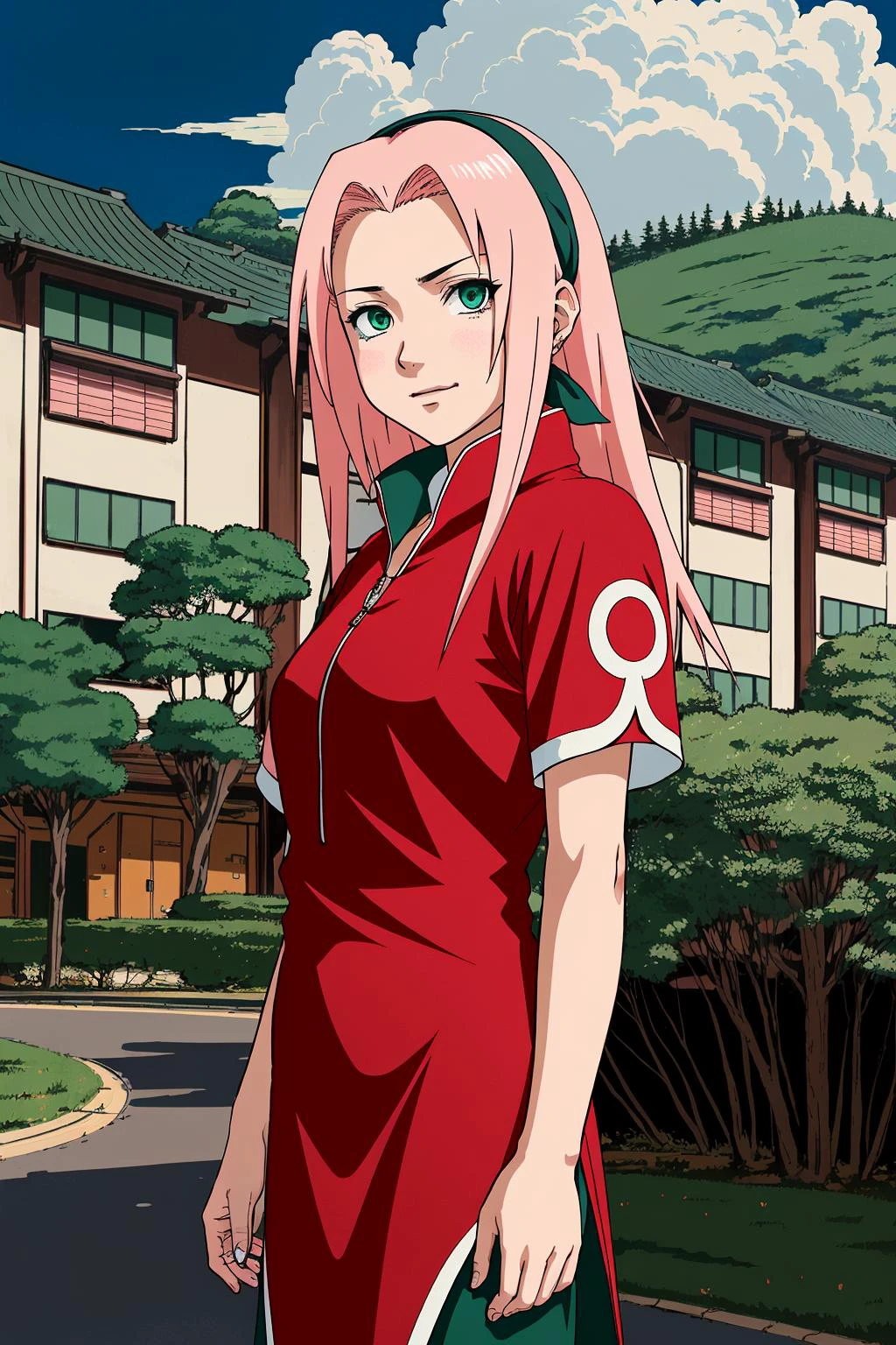 colorful, ((anime)) haruno sakura, long pink hair, green eyes, red dress, ((solo)), 8k, ((leaf village in the background)), ((masterpiece)), HDR, highly detailed, professional <lora:narutoStyleLora_v20:1>