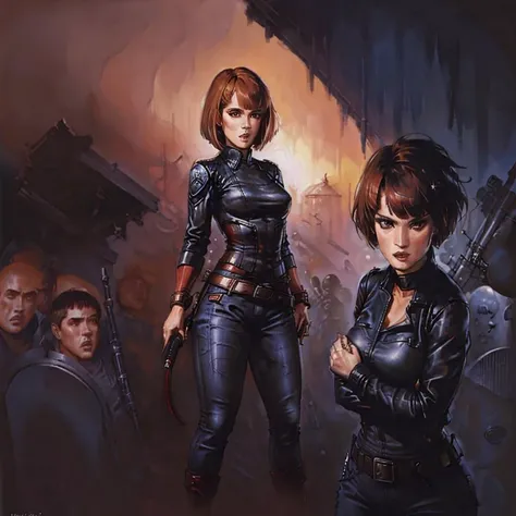 painting by kenkelly of a woman with with short straight red hair and ((bangs)) in a fighting pose wearing a black leather jacket and black jeans and black shirt, solo focus, 1girl , <lora:kenkelly:1>, [molly ringwald | Winona Ryder],  <lora:MollyR:0.5>, <lora:Winona_Ryder:0.5>