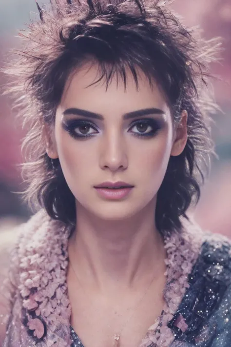 <lora:Winona_Ryder:1>, a sexual pink, wears a pastel costume, in the style of anaglyph filter, patrick nagel, rainbowcore, robotic expressionism, perry rhodan, john trumbull, (masterpiece:1.5) (photorealistic:1.1) (bokeh) (best quality) (detailed) (intricate) (8k) (HDR) (wallpaper) (cinematic lighting) (sharp focus on eyes) (skin texture:1.2)