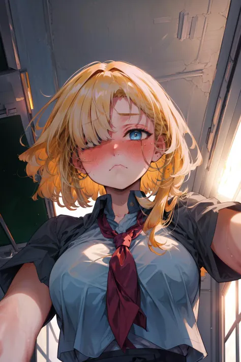 masterpiece,best quality,1girl,future princess,blonde hair,short hair,hair band,bangs,hair over one eye,blue eyes,school uniform,upper body,light frown,((shy,blush)),classroom ceiling,pov,from below,<lora:future_princess:0.8>,<lora:PovFromBelowV1>,