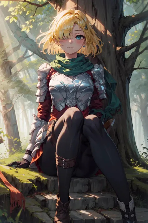 masterpiece,best quality,1girl,future princess,blonde hair,armor,hair band,breastplate,shoulder armor,light smile,bangs,boots,green scarf,armored boots,hair over one eye,blue eyes,gloves,pantyhose,light frown,((expressionless)),sitting under a tree,against tree,<lora:future_princess:0.9>,