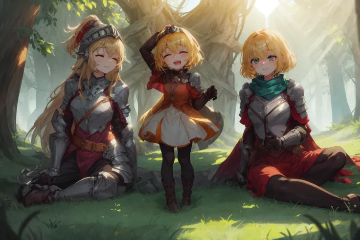 masterpiece,best quality,3girls,on grass,sunlight,
AND masterpiece,best quality,3girls,on grass,sunlight,(1girl,dumbface, blonde hair,long hair,helmet, closed eyes,boots, belt,armor ,gauntlets,smile,sitting,<lora:dumbface:0.5>),
AND masterpiece,best quality,3girls,on grass,sunlight,(1girl,short,???,little princess,blonde hair, crown , cape, boots, closed eyes,laughing,standing,<lora:Little_Princess:0.5>),
AND masterpiece,best quality,3girls,on grass,sunlight,(1girl,future princess,blonde hair, armor, hair band, breastplate,shoulder armor, light smile,bangs , boots , green scarf ,armored boots, hair over one eye ,blue eyes ,gloves ,pantyhose,sitting,<lora:future_princess:0.5>),