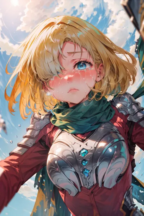 masterpiece,best quality,1girl,future princess,blonde hair,short hair,hair band,bangs,hair over one eye,blue eyes,armor,breastplate,shoulder armor,green scarf,upper body,light frown,(crying,tears,blush),blue sky,simple background,pov,from below,<lora:future_princess:0.8>,<lora:PovFromBelowV1>,