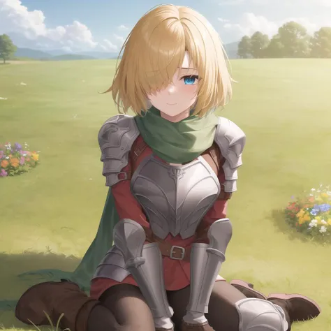 (({{masterpiece,best quality,ultra-detailed}}))  1girl, grass field,flower,wariza,looking at viewer,blonde short hair, armor, red hair band, breastplate,shoulder armor, bangs , (armor boots),boots ,, green scarf ,armored boots,upper body, hair over one eye ,hair over one eye ,blue eyes ,gloves ,holding ,pantyhose ,  <lora:futurePrincess_v10:0.7>