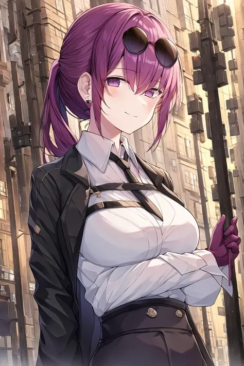 masterpiece, best quality, CG,8K wallpaper, HDR, high quality, high-definition,1girl, solo, eyewear on head, gloves, shirt, sunglasses, looking at viewer, white shirt, purple eyes, upper body, collared shirt, outdoors, long hair, smile, jacket, jewelry, ponytail, bangs, purple hair, earrings, parted lips, black jacket, necktie, hair between eyes, long sleeves, open clothes, sidelocks, building,no hand,  blush <lora:kafuka:0.7>
