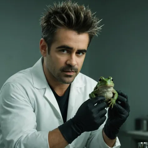 photography, colin farrell, spikey hair, as a mad scientist in lab holding a knife dissect a frog, upper body, detailed, realistic, 8k uhd, high quality, realistic, high definition, 8k, (masterpiece, best quality:1.4), professional, 4k, highly detailed, intricate details, dof <lora:Colin-000013:0.6>, solo,