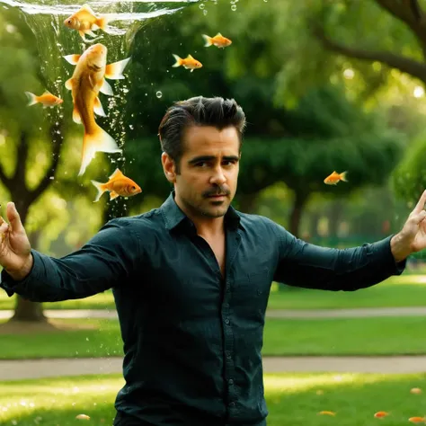 photography, colin farrell in a park, 8k uhd, high quality, surreal, golden fish swimming in the air, high definition, 8k, (masterpiece, best quality:1.4), professional, 4k, highly detailed, intricate details, dof <lora:Colin-000013:0.6>, solo,