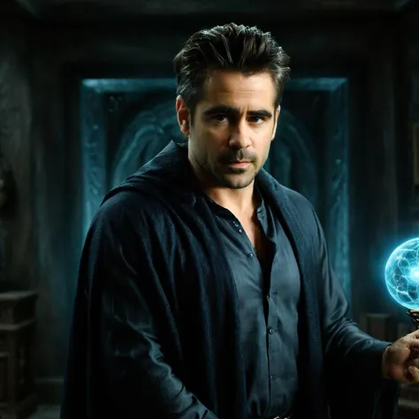 photography, colin farrell as a handsome wizard, robe, in his secret room making magical alien creature, upper body, detailed, realistic, 8k uhd, high quality, realistic, high definition, 8k, (masterpiece, best quality:1.4), professional, 4k, highly detailed, intricate details, dof <lora:Colin-000013:0.6>, solo,