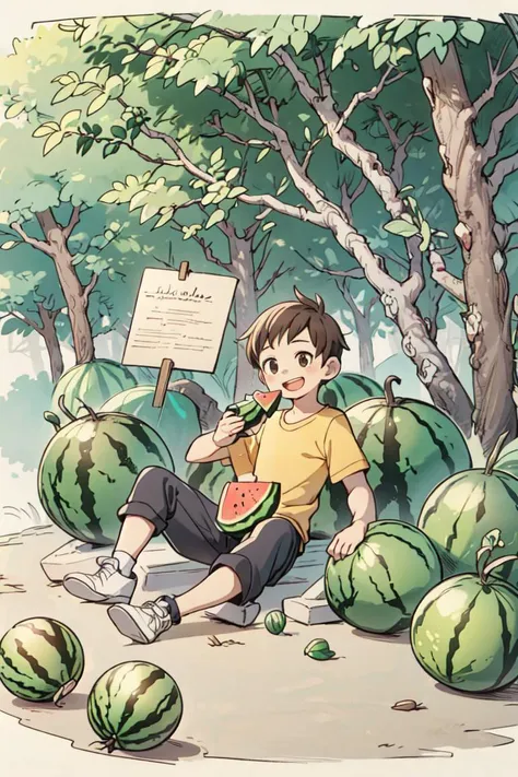 masterpiece, best quality, ruit,1boy, solo,eating,holding watermelon, (more Cut Watermelon:1.2),yellow shirt, male focus, brown hair, shirt, pants,  holding, open mouth,  sitting, smile, short sleeves,  white footwear,sky,forest, dog,<lyco:GoodHands-beta2:1.0> <lora:more_details:0.3>, <lora:sanguo_v1:0.7>