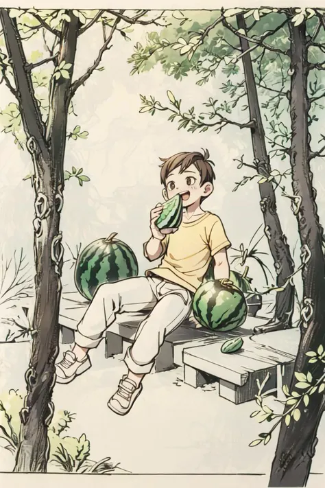 masterpiece, best quality, ruit,1boy, solo,eating,holding watermelon, (more Cut Watermelon:1.2),yellow shirt, male focus, brown hair, shirt, pants, holding, open mouth, sitting, smile, short sleeves, white footwear,sky,forest, dog,<lyco:GoodHands-beta2:1.0> <lora:more_details:0.3>, <lora:sanguo_v1:1>