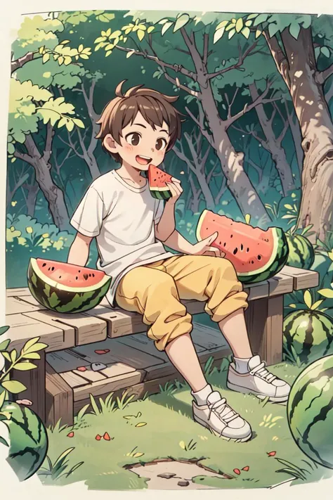 masterpiece, best quality, ruit,1boy, solo,eating,holding watermelon, (more Cut Watermelon:1.2),yellow shirt, male focus, brown hair, shirt, pants,  holding, open mouth,  sitting, smile, short sleeves,  white footwear,sky,forest, dog,<lyco:GoodHands-beta2:1.0> <lora:more_details:0.3>, <lora:sanguo_v1:0.5>