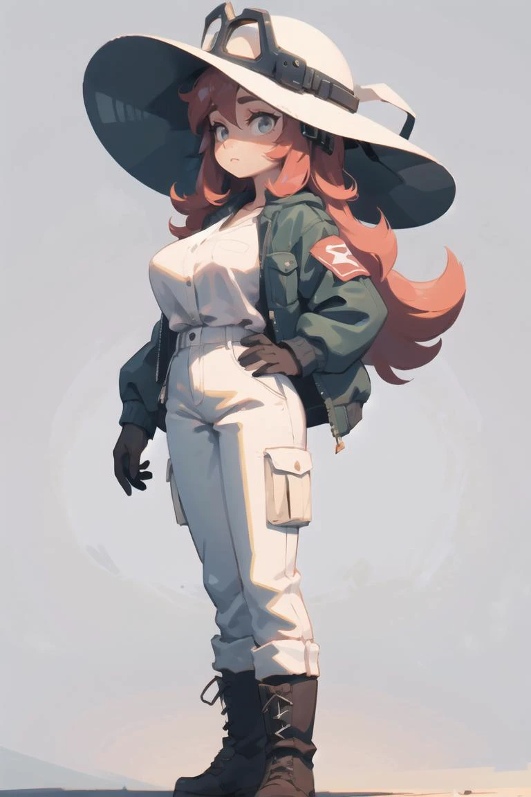 looking away, milf, very long hair, lovely giant breasts, explorer helmet, short jacket, white shirt, short cargopants, boots, (grey background), <lora:aki:0.45>, <lora:3DMM_V10:0.45>, 3DMM