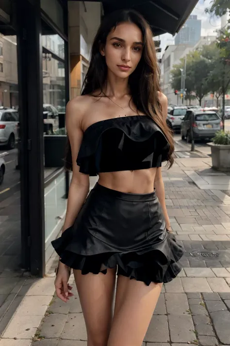 short light hair, box braids, <lora:Micro Crop & Skirt By Stable Yogi:0.7> (black1.5) micro crop top, (frills:1.3), lace, micro skirt DV_Anushka_Vicious, <lora:weight_slider_v2:-0.5>, <lora:breastsizeslideroffset:-0.2>, garden, Looking down, hands on the hips