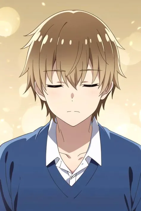 masterpiece, best quality, wallpaper, 1boy, solo, male focus, looking at viewer, , depth of field, <lora:utsugi_tsukimiya:0.66>, utsugi_tsukimiya, brown hair, closed eyes
