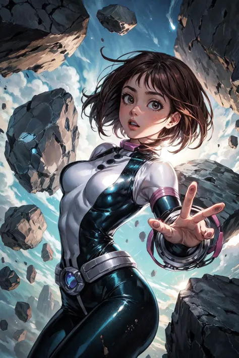 thick outlines, comics, photorealistic, masterpiece:1.2, , 1girl, solo, small breast, levitate, <lora:ochako v1:0.7>, ochako, brown hair, bodysuit, belt, sky, levitating rocks, detailed background, detailed face, detailed eyes, <lora:add_detail:0.7>