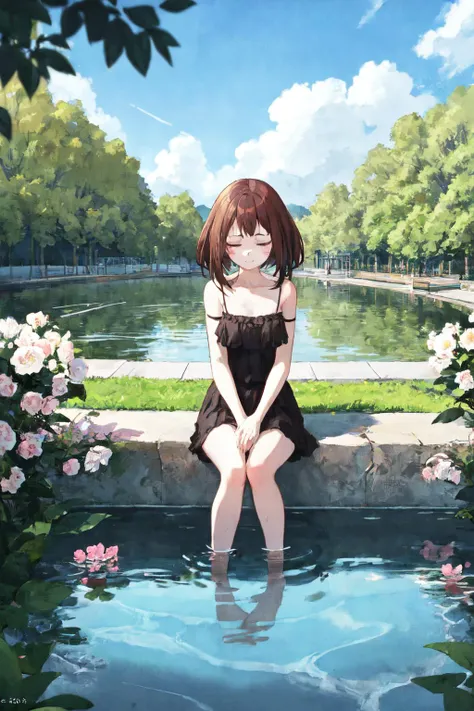 1girl, park, water, flowers, <lora:ochako v1:1>