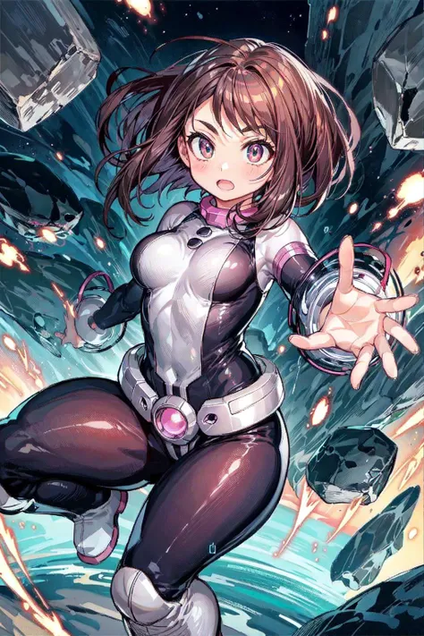 thick outlines, comics, photorealistic, masterpiece:1.2, , 1girl, solo, small breast, levitate, <lora:ochako v1:0.7>, ochako, brown hair, bodysuit, belt, sky, levitating rocks, detailed background, detailed face, detailed eyes, <lora:add_detail:0.7>