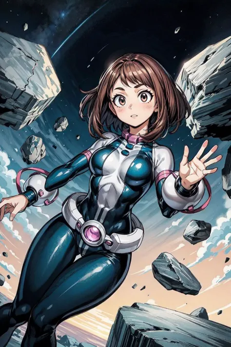 thick outlines, comics, photorealistic, masterpiece:1.2, , 1girl, solo, small breast, levitate, <lora:ochako v1:0.7>, ochako, brown hair, bodysuit, belt, sky, levitating rocks, detailed background, detailed face, detailed eyes, <lora:add_detail:0.7>