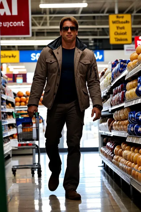 <lora:terminator trm:1>, realistic photo of trm, a man, normal hair, punk coat, cargo pants, sunglasses, standing in the supermarket, produce, (masterpiece:1.0), (best quality:1.0), (intricate details), flash photography