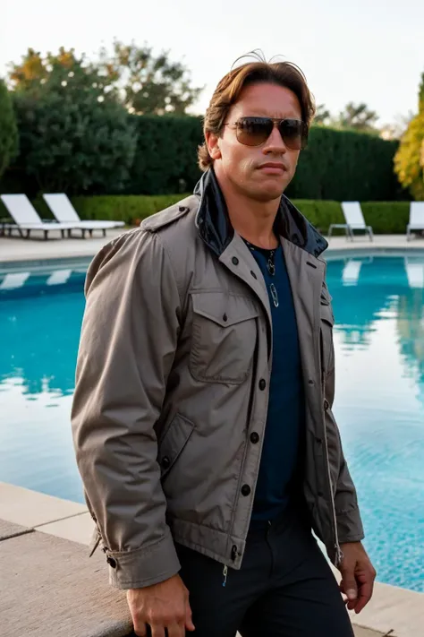 <lora:terminator trm:1>, realistic photo of trm, a man, normal hair, punk coat, cargo pants, sunglasses, at the pool, resting and relaxing, (masterpiece:1.0), (best quality:1.0), (intricate details), flash photography