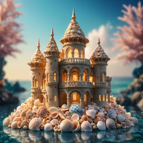 a ais-shells castle made of ais-shells,underwater,bokeh,highly detailed,realistic,lifelike,studio photo,highly detailed,dynamic,cinematic,masterpiece,intricate,hdr,abstract fractal,