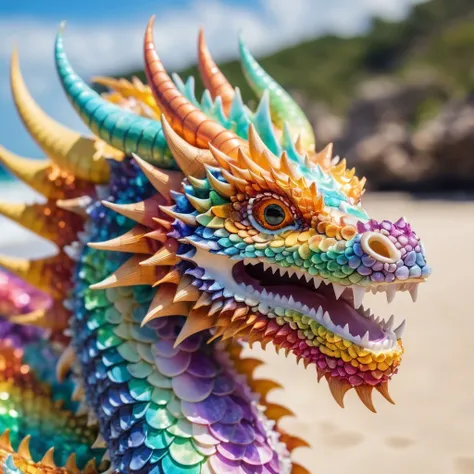 close up photo of a head of a ais-shells colorful dragon made of ais-shells,beach background, bokeh,highly detailed,realistic,lifelike,studio photo,highly detailed,dynamic,cinematic,masterpiece,intricate,hdr,abstract fractal,