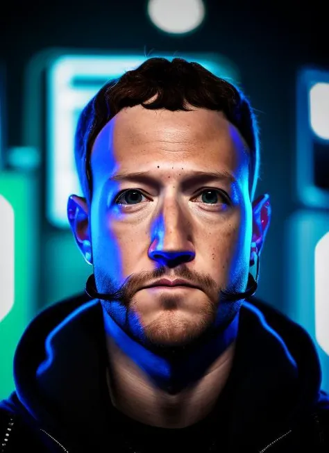 Mark Zuckenberg <lora:zuckenberg:1> 1boy, beard, cable, cyberpunk, cyberpunk style, cyborg, facial hair, hood, jacket, looking at viewer, male focus, neon lights, open clothes, realistic, science fiction, solo, upper body