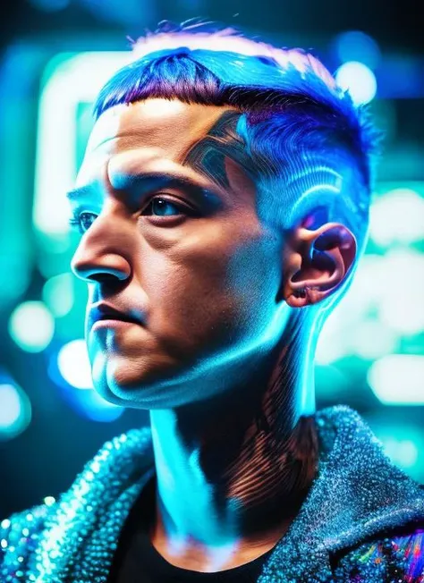 <lora:zuckenberg:1> A photo of a male with a Mark Zuckenberg A photo of a male with a sleek and futuristic undercut hairstyle, accented with glowing neon streaks. He wears a high-tech bodysuit embedded with pulsating LED patterns, reflecting his tech-savvy nature. Positioned in a state-of-the-art cybernetics laboratory, he stands near a holographic interface, his hand effortlessly manipulating the virtual elements. The room is bathed in a cool blue light, enhancing the futuristic ambiance. Epic character composition, sharp focus, and natural lighting. The subsurface scattering effect adds a touch of an ethereal glow, while the f2 aperture and 35mm lens create a perfect balance of depth and detail. <lora:CyberPunkV2:0.7> 7cy6er7p0nk9