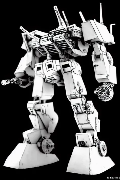 ((MechBattleTechClassicTR3025)), monochrome, warhammer, srm_6, ppc, in a city