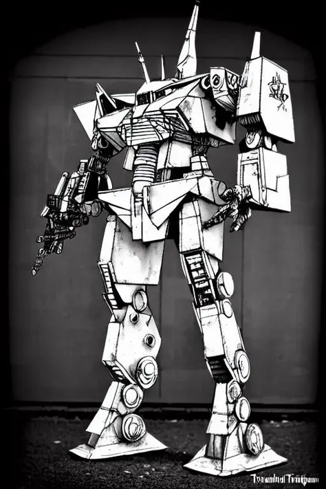 ((MechBattleTechClassicTR3025)), monochrome, warhammer, srm_6, ppc, in a city