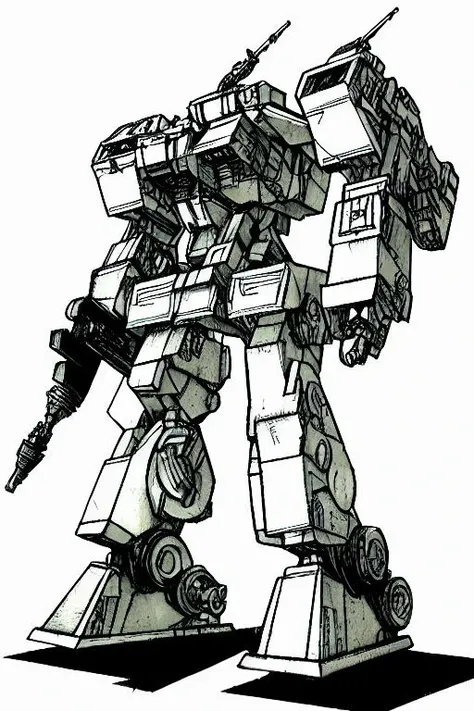 ((MechBattleTechClassicTR3025)),greyscale, monochrome, atlas, large, huge, laser, energy_weapon, medium_laser, ballistic_weapon, auto_cannon, ac_10, missiles, short_range_missiles, srm_6, arm_mounted, torso_mounted