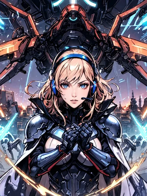 best quality, masterpiece, jp-Kraasni-50 1girl, Style-GravityMagic, portrait, (bloody scars:0.7), looking at viewer, solo, half shot, detailed background, close up, detailed face, futuristic glowing platinum armor, light mobile armor, cape, rivets, wires, robotics, headset, head-up display, epic futuristic city in background, flashes of light, lasers, explosions, hologram, cinematic atmosphere, <lora:detail_slider_v4:2>
