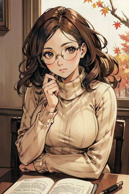 masterpiece, portrait, stunningly beautiful 1girl, (cute:1.1), beautiful feminine face, medium breasts, round glasses, thick sweater, nerdy, wavy brown hair, autumn, aroused, blushing
masterpiece, high quality, best quality, hyper detailed, HDR, (realism:1.1), photorealism, volumetric lighting, contrast, depth of field, sharp focus, absurdres, unreal engine