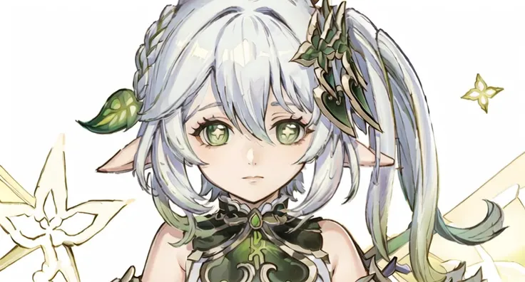 1girl,, close up, portrait, cowboy shot, flat chest, side ponytail, hair hair ornament, gold trim, bare shoulders, elf, pointy ears, ((white hair:1.4)), (green hair), (gradient hair :1.5), beautiful detailed eyes, big eyes, kawaii, cute face, can't be this cute, symbol-shaped pupils, <lora:nahida_bs4_unet_2e-4_te_1e-4_dim64_alpha_32_768-000060:1> <lora:yetAnotherNahidaLora_nahida:1>