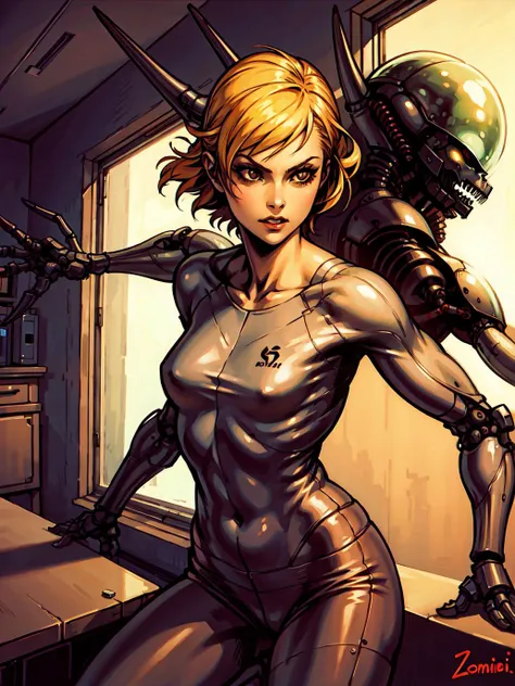 best quality,girl,dynamic shot,room,detailed background , alien, mechanical arms, zombie