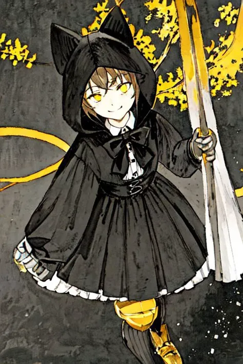 glowing yellow eyes, studio light, uturistic, closed_eyes, collared dress, smile:1.0, black bow, autumn lights, thick, oversized hood, disappointed, robotic legs, pretty face, illusion, high detail raw color photo, plate, color ink wash painting