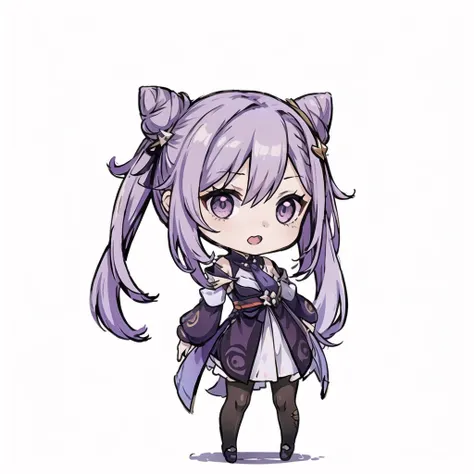 (one chibi girl:1.2), (white background:1.3), full body, <lora:keqing_10:0.56>, purple hair, cone hair bun, (chibi:1.3), keqing \(genshin impact\), twintails, open mouth, kawaii, <lora:chibiStyle_v1:0.5>, style of himouto! umaru-chan, purple eyes,