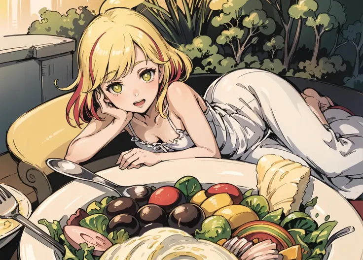 (masterpiece, best quality:1.3), illustration, (extremely detailed), (one girl:1.5),(girl and mayonnaise lie nestled on giant salad on dish:1.3),(small girl:1.5), open mouth, (laugh, happy), long skirt, sparkling pupils, blond hair, (background is Salad with mayonnaise Forest), yellow and white (multicolored:1.5) hair, detailed sunlight, (yellow:1.2) and white dress, sunlight shining in face