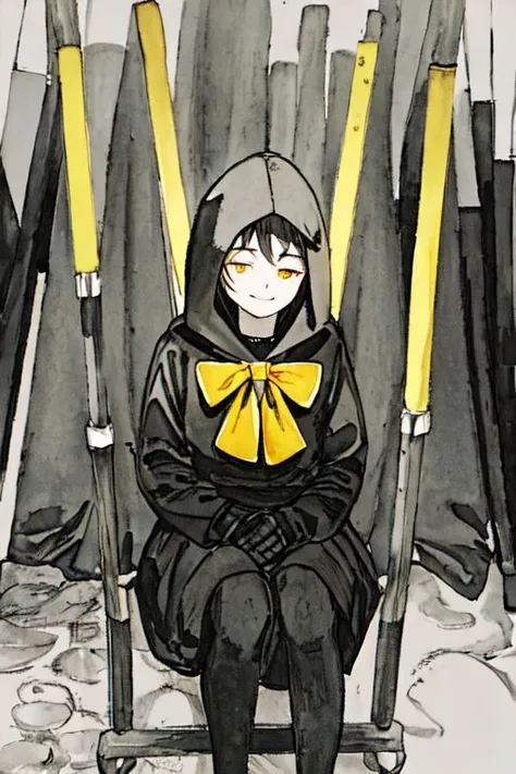 glowing yellow eyes, studio light, uturistic, closed_eyes, collared dress, smile:1.0, black bow, autumn lights, thick, oversized hood, disappointed, robotic legs, pretty face, illusion, high detail raw color photo, plate, color ink wash painting